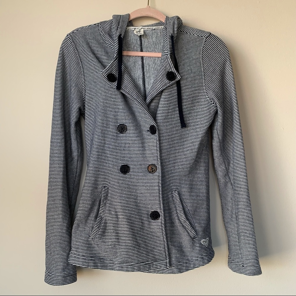 Roxy Knit Pea Coat Hooded Striped Navy White Anchor Buttons Size Small